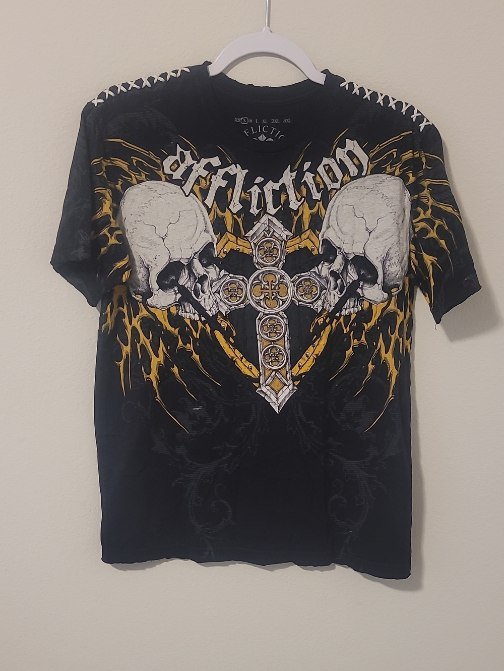 Affliction Black Tee with White Skull and Gold Cross Graphic